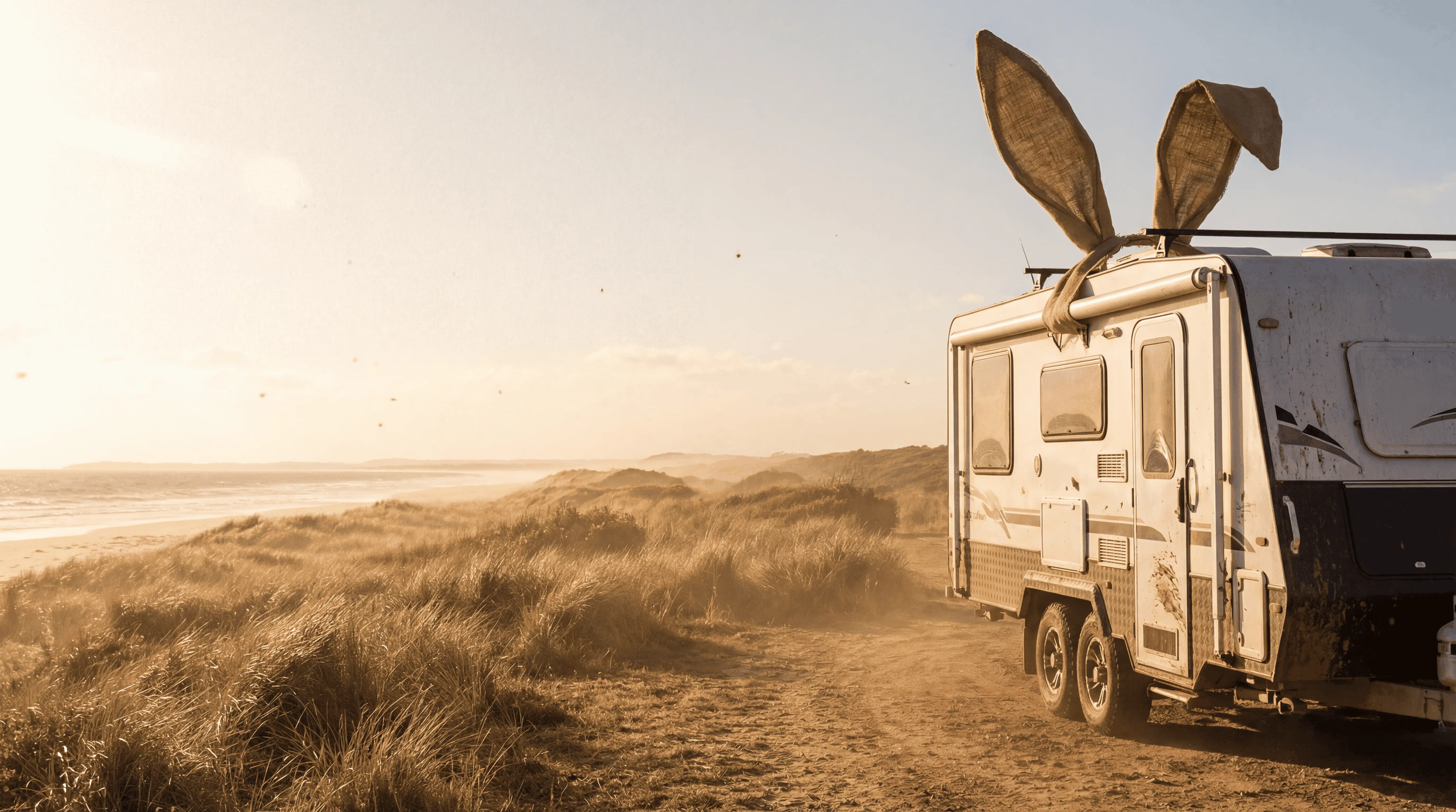 Premium caravan overlooking Australian coastline at golden hour